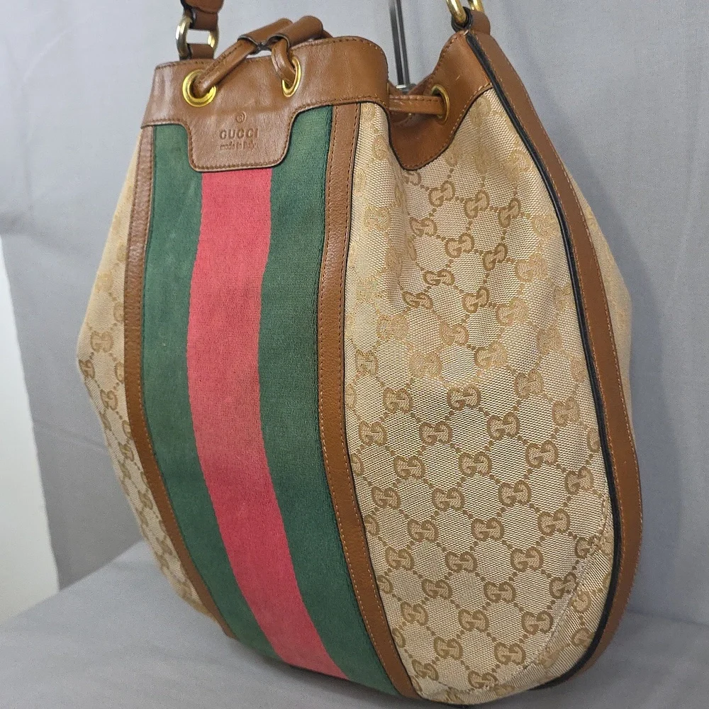 Gucci Beige and Brown Shoulder Bag with Green and Red Stripes - Picture 4 of 16